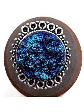 Dyed Blue Druzy Beaded Border Statement Ring Sterling Silver 925 Size 8.25